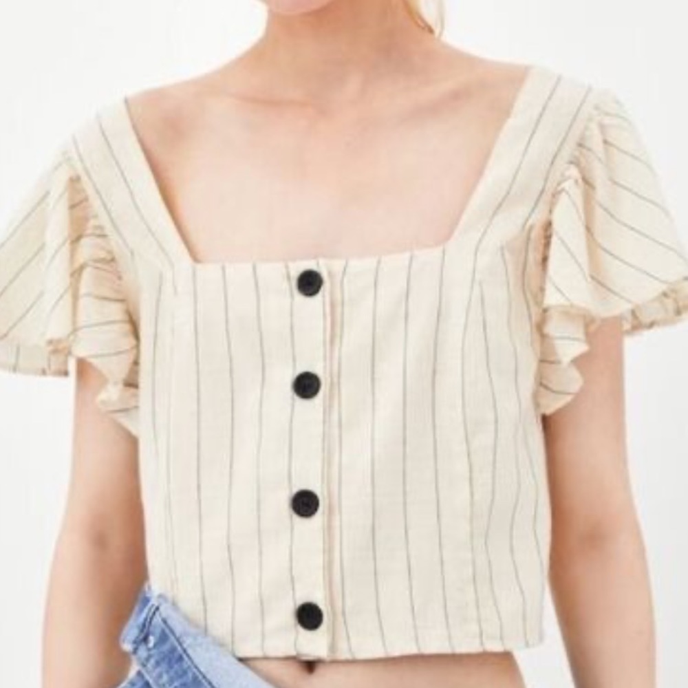 Zara Cream Striped Square-Neck Button Crop Top